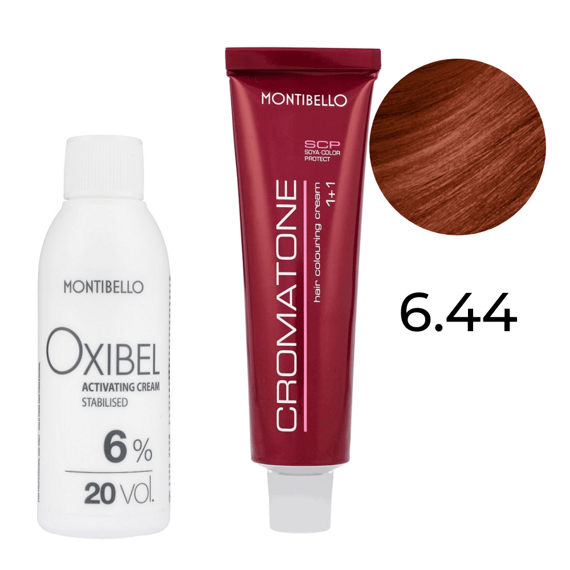 Zestaw Montibello Cromatone farba 6.44 intensywny miedziany ciemny blond 60 ml + woda Oxibel 20 VOL 6% 60 ml