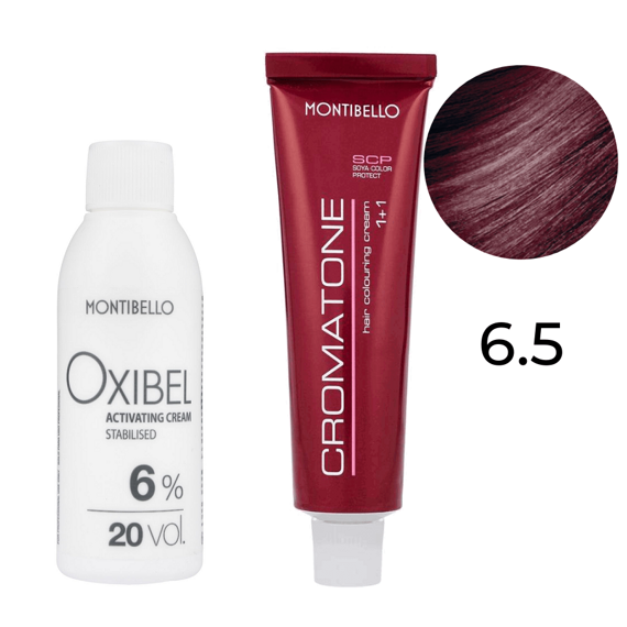 Zestaw Montibello Cromatone farba 6.5 mahoniowy ciemny blond 60 ml + woda Oxibel 20 VOL 6% 60 ml