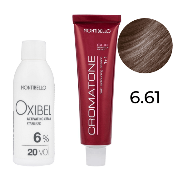 Zestaw Montibello Cromatone farba 6.61 popielato-kasztanowy ciemny blond 60 ml + woda Oxibel 20 VOL 6% 60 ml