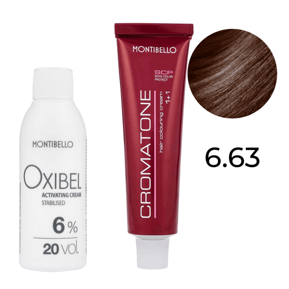Zestaw Montibello Cromatone farba 6.63 złoto-kasztanowy ciemny blond 60 ml + woda Oxibel 20 VOL 6% 60 ml