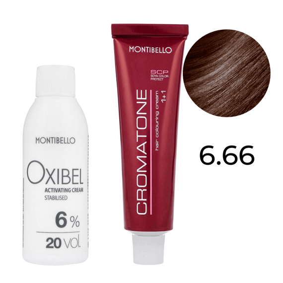 Zestaw Montibello Cromatone farba 6.66 intensywny kasztanowy ciemny blond 60 ml + woda Oxibel 20 VOL 6% 60 ml