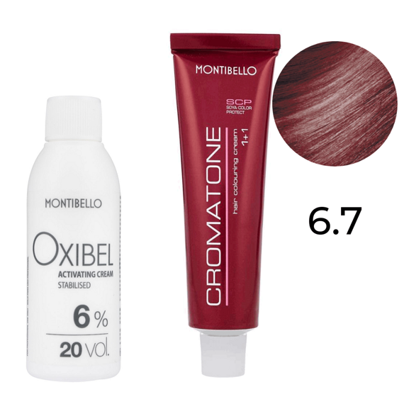 Zestaw Montibello Cromatone farba 6.7 czerwony ciemny blond 60 ml + woda Oxibel 20 VOL 6% 60 ml