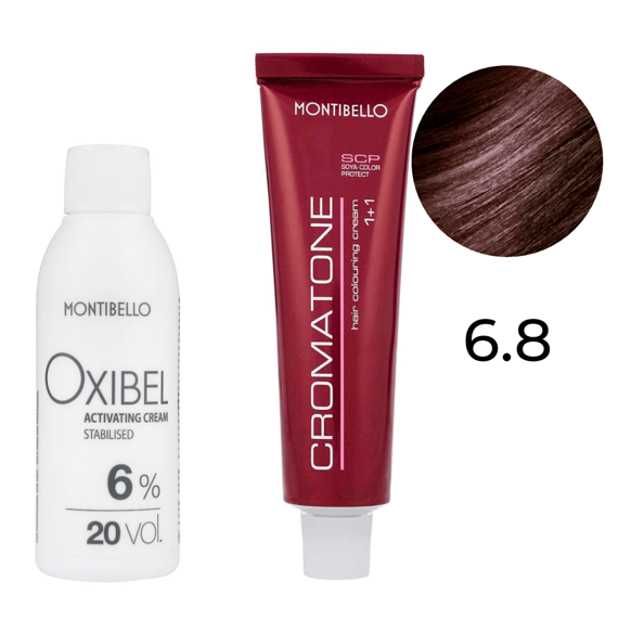 Zestaw Montibello Cromatone farba 6.8 purpurowy ciemny blond 60 ml + woda Oxibel 20 VOL 6% 60 ml