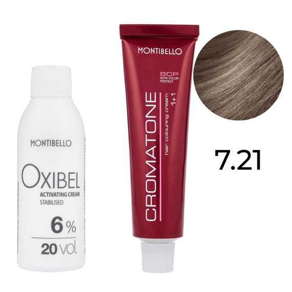 Zestaw Montibello Cromatone farba 7.21 popielaty perłowy blond 60 ml + woda Oxibel 20 VOL 6% 60 ml