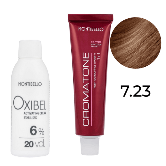 Zestaw Montibello Cromatone farba 7.23 złoto perłowy blond 60 ml + woda Oxibel 20 VOL 6% 60 ml