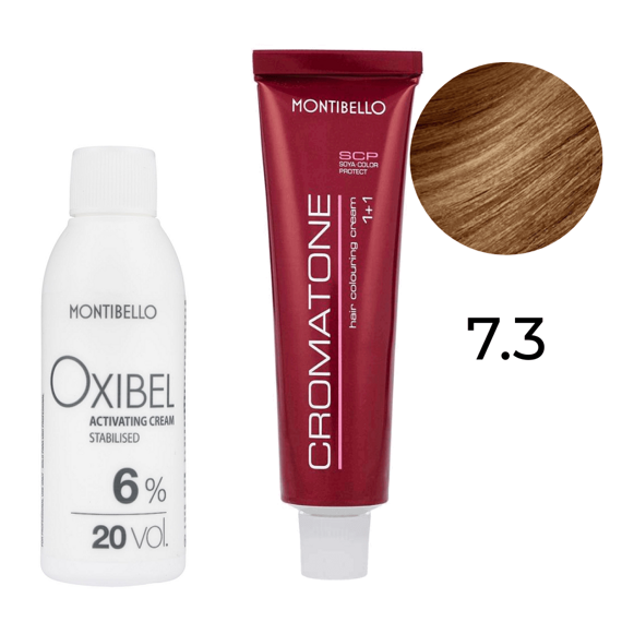 Zestaw Montibello Cromatone farba 7.3 złoty blond 60 ml + woda Oxibel 20 VOL 6% 60 ml