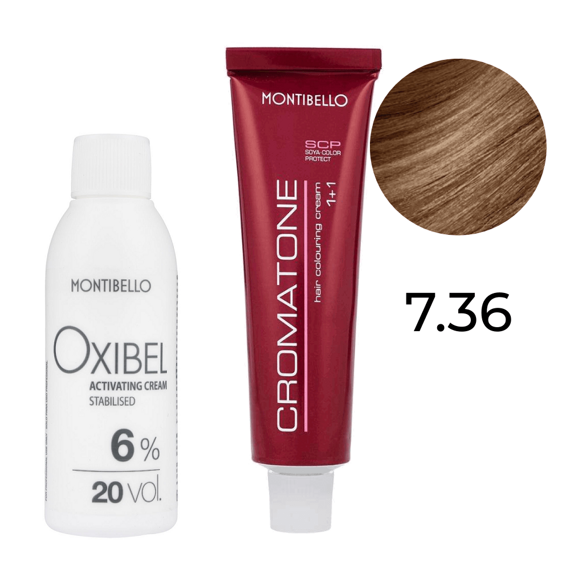 Zestaw Montibello Cromatone farba 7.36 kasztanowy złoty blond 60 ml + woda Oxibel 20 VOL 6% 60 ml