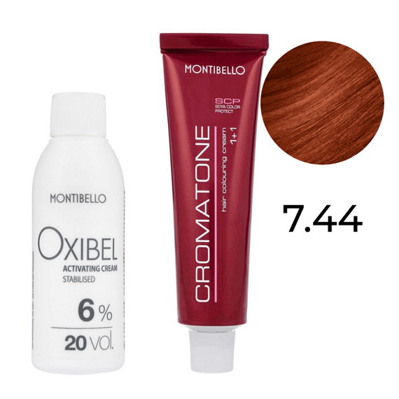 Zestaw Montibello Cromatone farba 7.44 intensywnie miedziany blond 60 ml + woda Oxibel 20 VOL 6% 60 ml