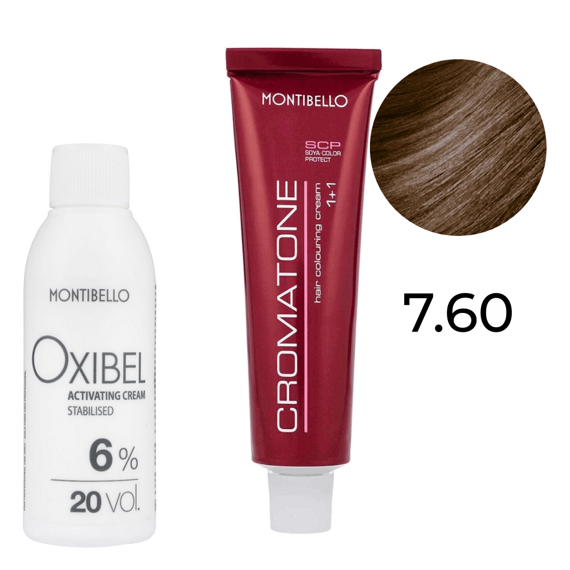 Zestaw Montibello Cromatone farba 7.60 naturalny kasztanowy blond 60 ml + woda Oxibel 20 VOL 6% 60 ml