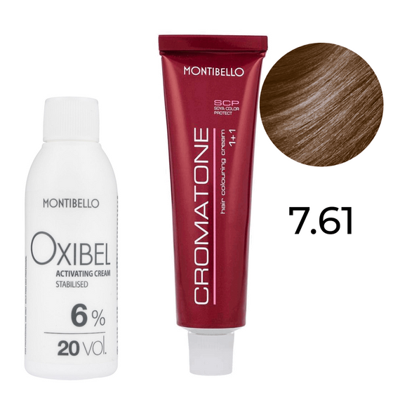 Zestaw Montibello Cromatone farba 7.61 popielato-kasztanowy blond 60 ml + woda Oxibel 20 VOL 6% 60 ml