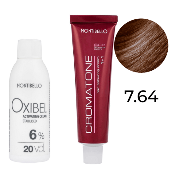 Zestaw Montibello Cromatone farba 7.64 miedziano-kasztanowy blond 60 ml + woda Oxibel 20 VOL 6% 60 ml