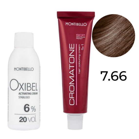 Zestaw Montibello Cromatone farba 7.66 średni intensywny kasztanowy blond 60 ml + woda Oxibel 20 VOL 6% 60 ml