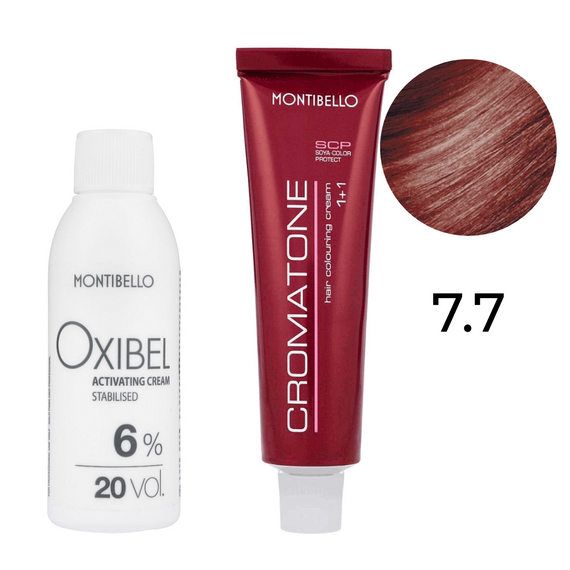 Zestaw Montibello Cromatone farba 7.7 czerwony blond 60 ml + woda Oxibel 20 VOL 6% 60 ml
