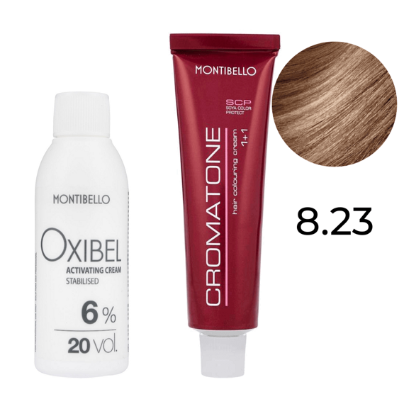Zestaw Montibello Cromatone farba 8.23 złoto-perłowy jasny blond 60 ml + woda Oxibel 20 VOL 6% 60 ml