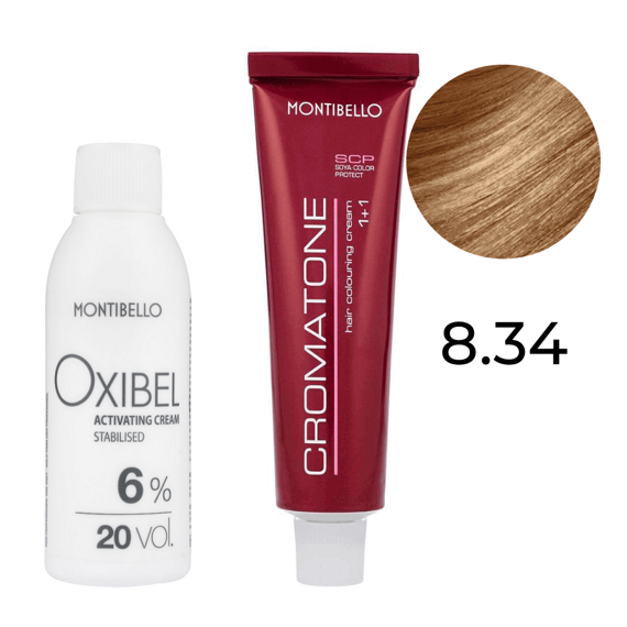 Zestaw Montibello Cromatone farba 8.34 miedziano-złoty jasny blond 60 ml + woda Oxibel 20 VOL 6% 60 ml