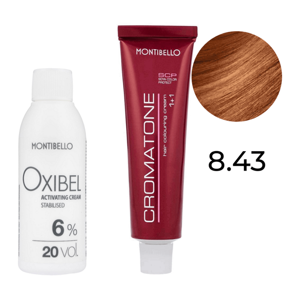 Zestaw Montibello Cromatone farba 8.43 złoto-miedziany jasny blond 60 ml + woda Oxibel 20 VOL 6% 60 ml
