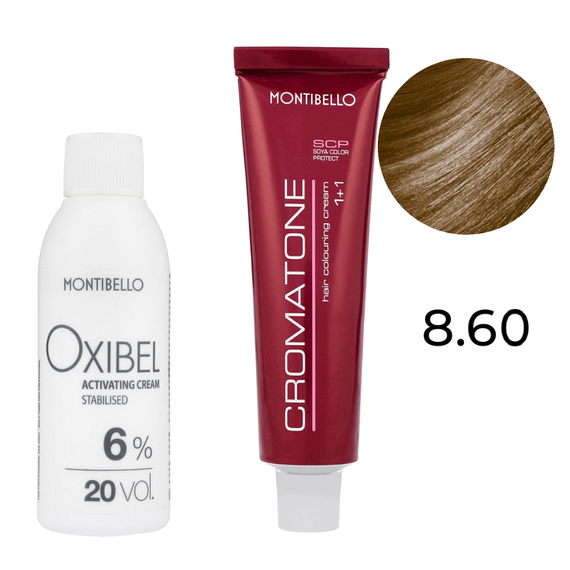 Zestaw Montibello Cromatone farba 8.60 naturalny kasztanowy jasny blond 60 ml + woda Oxibel 20 VOL 6% 60 ml