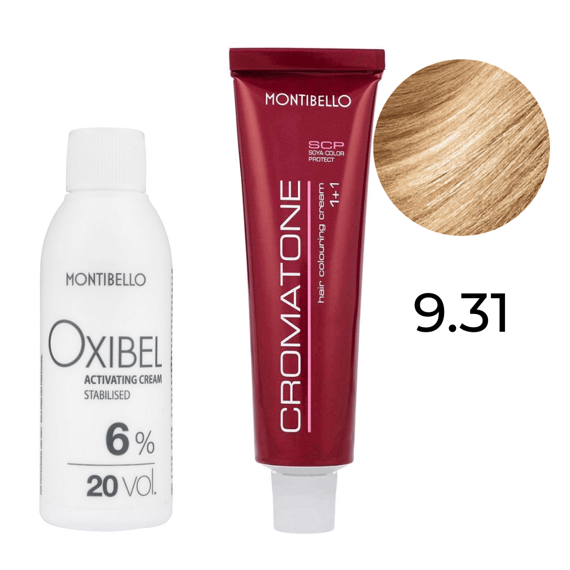 Zestaw Montibello Cromatone farba 9.31 popielato-złoty bardzo jasny blond 60 ml + woda Oxibel 20 VOL 6% 60 ml