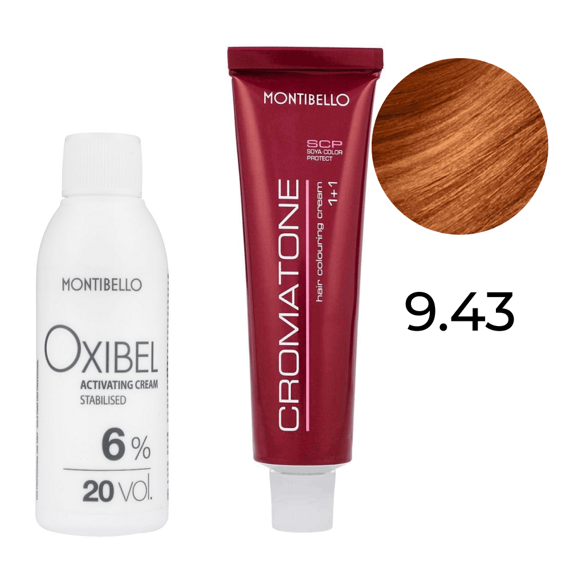 Zestaw Montibello Cromatone farba 9.43 złoto-miedziany bardzo jasny blond 60 ml + woda Oxibel 20 VOL 6% 60 ml