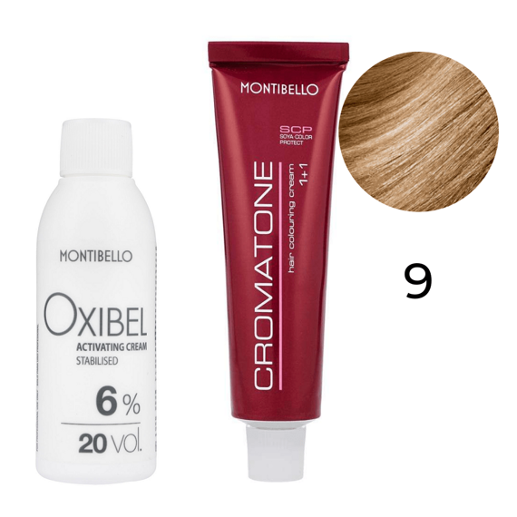 Zestaw Montibello Cromatone farba 9 bardzo jasny blond 60 ml + woda Oxibel 20 VOL 6% 60 ml