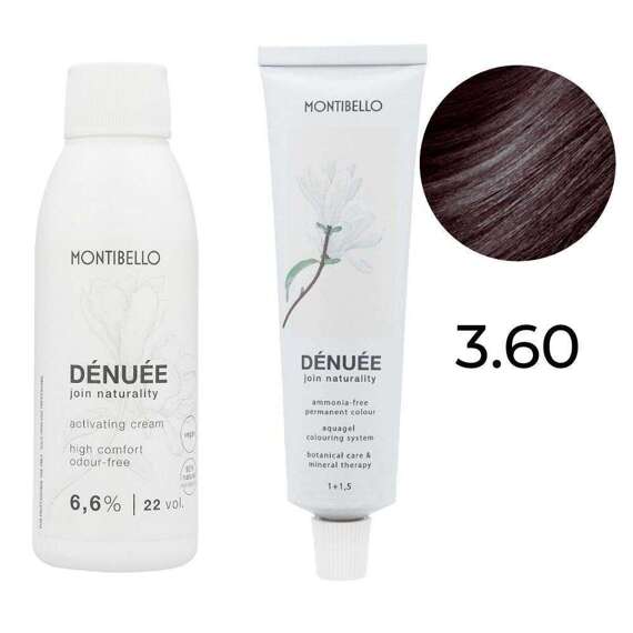 Zestaw Montibello Denuee farba 3.60 naturalny kasztanowy ciemny brąz 60 ml + krem aktywujący 22VOL 6,6% 90 ml