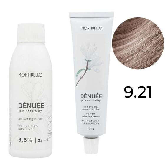 Zestaw Montibello Denuee farba 9.21 popielaty perłowy bardzo jasny blond 60 ml + krem aktywujący 22VOL 6,6% 90 ml