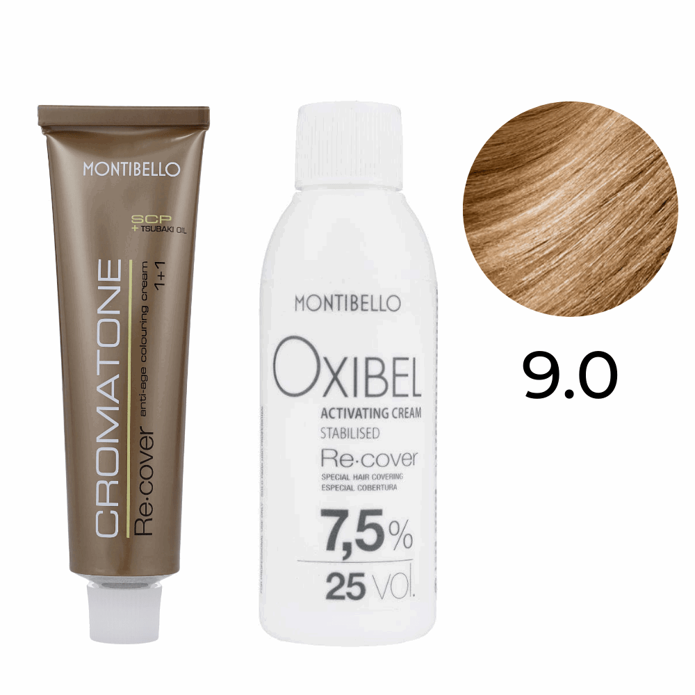 Zestaw Montibello Re-Cover Farba 9.0 bardzo jasny blond + woda 25 Vol. 7,5% 60 ml