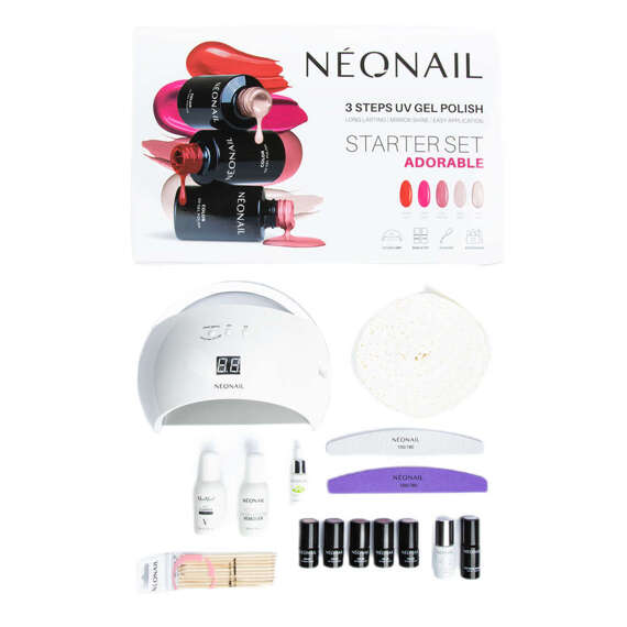 Zestaw startowy Neonail Adorable do hybryd ( 5 lakierów 3 ml + baza 7,2 ml + top 7,2 ml + lampa LED 21W + Nail Cleaner 50ml + Remover 50ml + akcesoria )