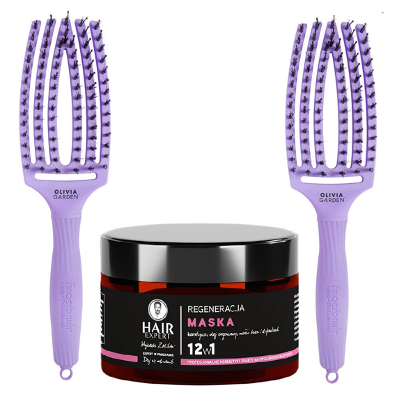 Zestaw szczotek Olivia Garden FingerBrush Combo Medium Lawenda do rozczesywania włosów + maska Hair Expert 12 w 1 regeneracja do włosów 230 ml