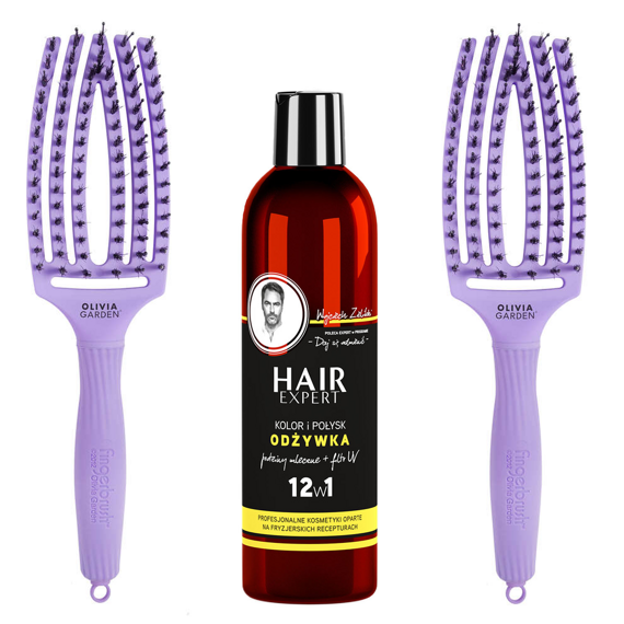 Zestaw szczotek Olivia Garden FingerBrush Combo Medium  Lawenda do rozczesywania włosów + odżywka Hair Expert 12 w 1 kolor i połysk 280 ml